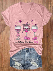 V-neck Awareness Leopard Wine Glasses In October We Wear Pink Print T-Shirt