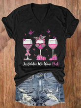 V-neck Awareness Leopard Wine Glasses In October We Wear Pink Print T-Shirt