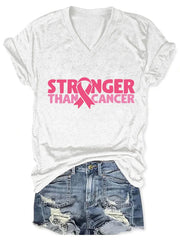 V-neck Awareness Pink Ribbon Stronger Than Print T-Shirt