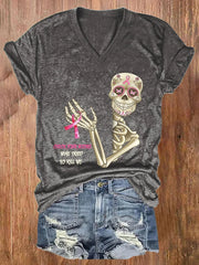 V-neck Awareness Skull Check Your Boobs Mine Tried To Kill Me Print T-Shirt