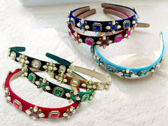 Velvet Headband with Gemstone, Rhinestone, and Pearl Embellishment