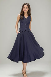 Navy Blue Linen Suit: Sleeveless Vest and Swing Skirt Set