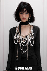 Pearl Body Chain Belt with Gothic Cross Charm