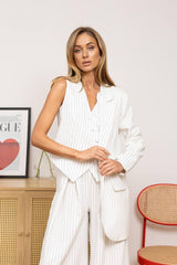 White Pinstripe Pantsuit for Women — Three-Piece Suit with Vest and Wide-Leg Trousers