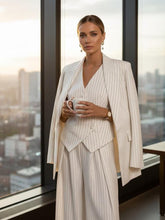 White Pinstripe Pantsuit for Women — Three-Piece Suit with Vest and Wide-Leg Trousers