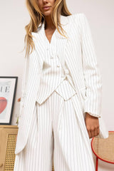White Pinstripe Pantsuit for Women — Three-Piece Suit with Vest and Wide-Leg Trousers