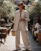 Linen Suit Set - Beige Blazer & Wide Leg Pants