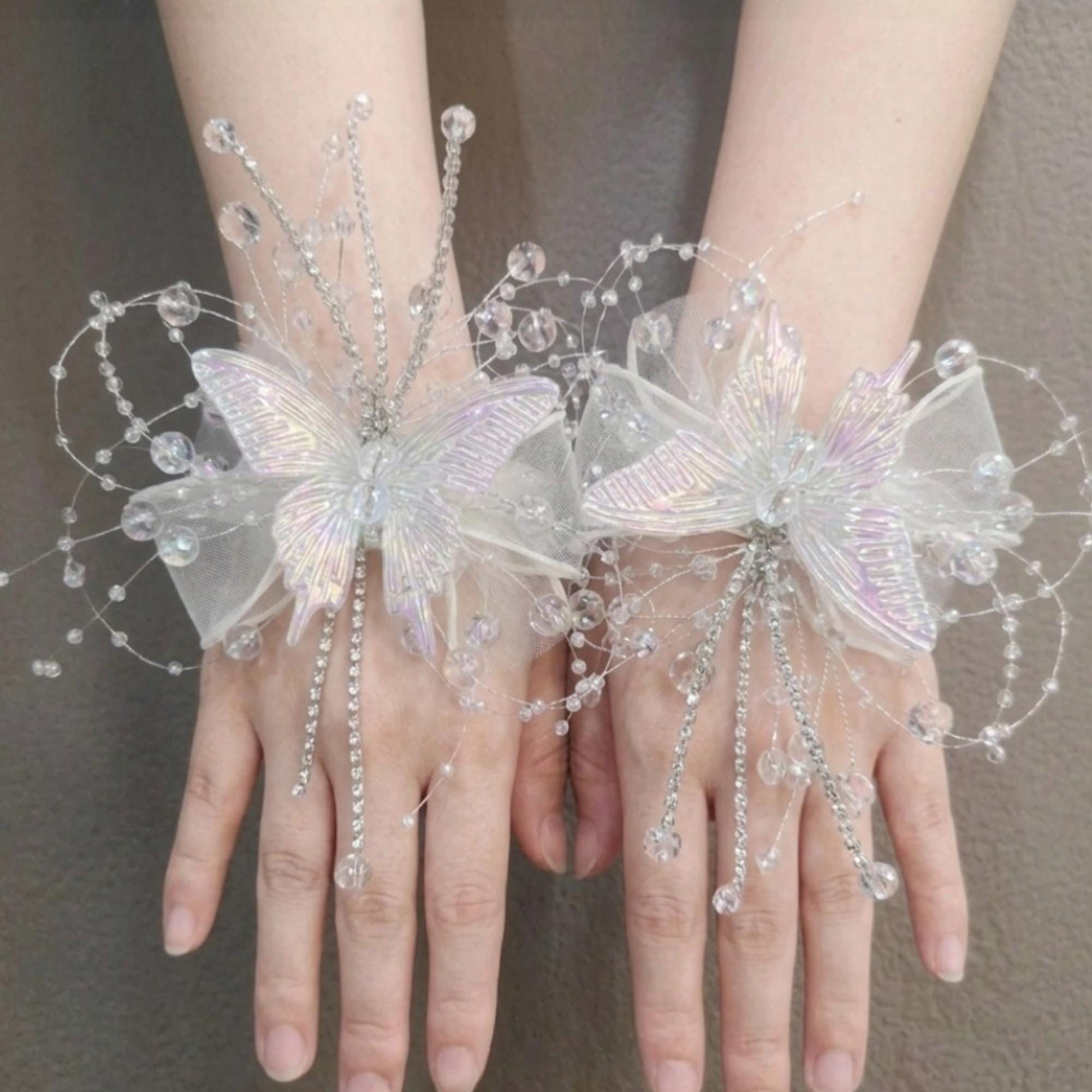 Iridescent Butterfly Wrist Corsage, Crystal Beaded Hand Corsage