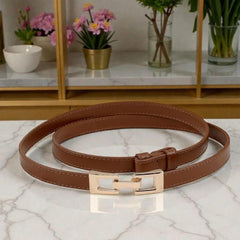 Women's Skinny Leather Belt, Thin Brown Waist Belt, Minimalist Gold Buckle Belt, Adjustable Dress Belt, Jeans Belt