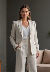 Beige Linen Suit Set for Women – Summer Blazer & Pants Outfit, Minimalist Vacation Co-Ord