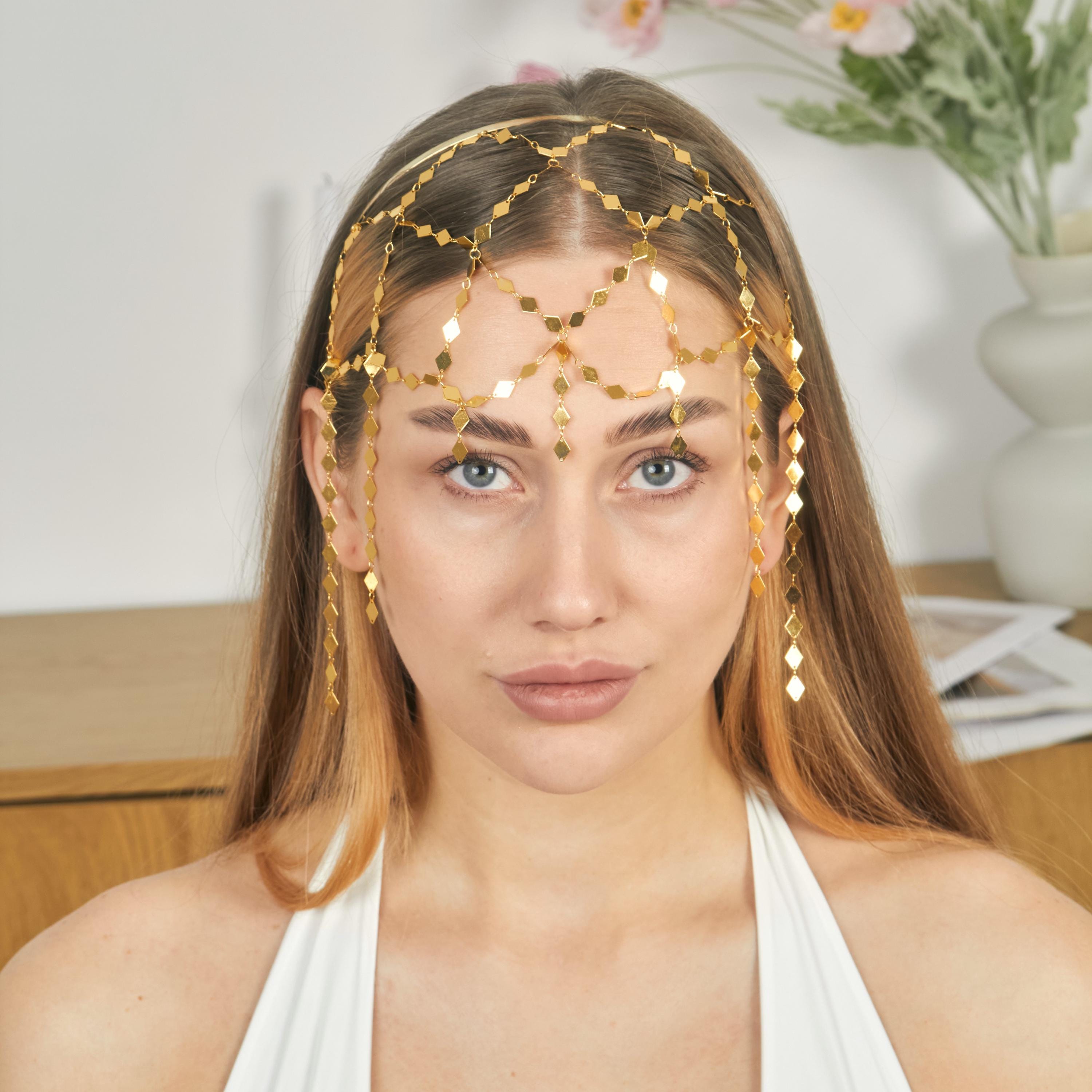 Reversible Bridal Veil Headpiece, Geometric Metal Hair Chain, Flexible Steel Crown, Modern Wedding Accessory