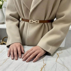 Women's Skinny Leather Belt, Thin Brown Waist Belt, Minimalist Gold Buckle Belt, Adjustable Dress Belt, Jeans Belt