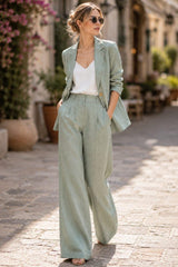Sage Green Linen Suit Women: Loose Fit Blazer, Wide Leg Trousers, Minimalist Outfit
