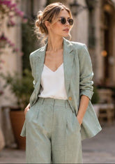 Sage Green Linen Suit Women: Loose Fit Blazer, Wide Leg Trousers, Minimalist Outfit
