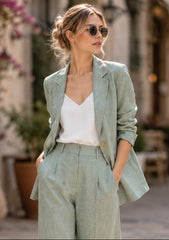 Sage Green Linen Suit Women: Loose Fit Blazer, Wide Leg Trousers, Minimalist Outfit