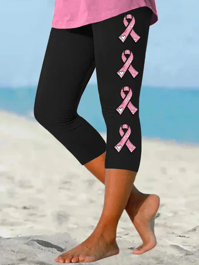 Women's Pink Ribbon  Awareness Warrior Supporter Cropped Leggings