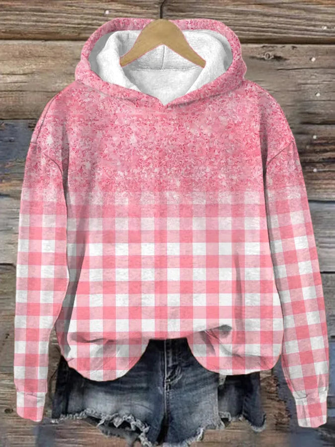 Women's Pink Plaid Casual Hoodie