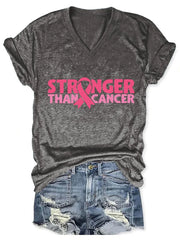 V-neck  Awareness Pink Ribbon Stronger Than Print T-Shirt