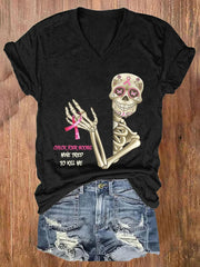 V-neck Awareness Skull Check Your Boobs Mine Tried To Kill Me Print T-Shirt