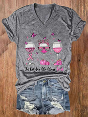 V-neck  Awareness Leopard Wine Glasses In October We Wear Pink Print T-Shirt