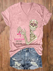 V-neck Awareness Skull Check Your Boobs Mine Tried To Kill Me Print T-Shirt