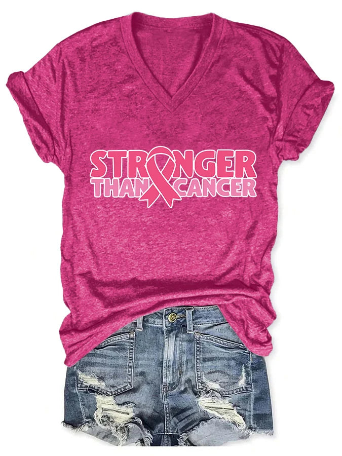 V-neck  Awareness Pink Ribbon Stronger Than Print T-Shirt