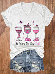 V-neck  Awareness Leopard Wine Glasses In October We Wear Pink Print T-Shirt