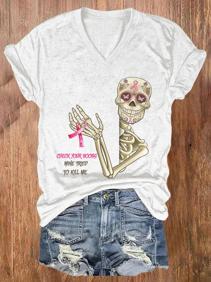 V-neck Awareness Skull Check Your Boobs Mine Tried To Kill Me Print T-Shirt