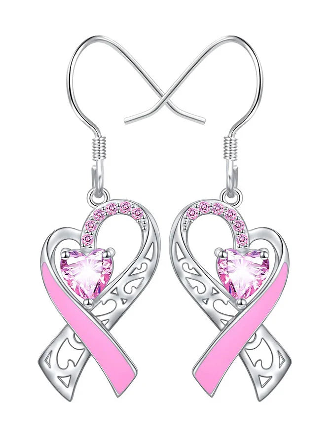 Women's Awareness Pink Ribbon Glitter Diamond Fashion Casual Earrings