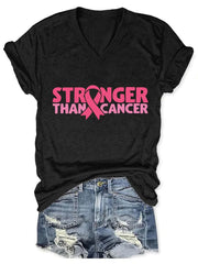 V-neck  Awareness Pink Ribbon Stronger Than Print T-Shirt