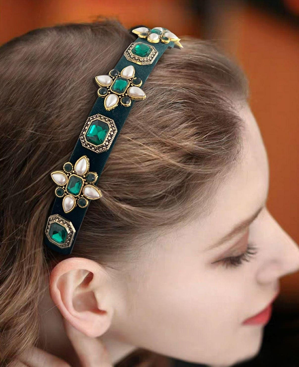 Velvet Headband with Gemstone, Rhinestone, and Pearl Embellishment