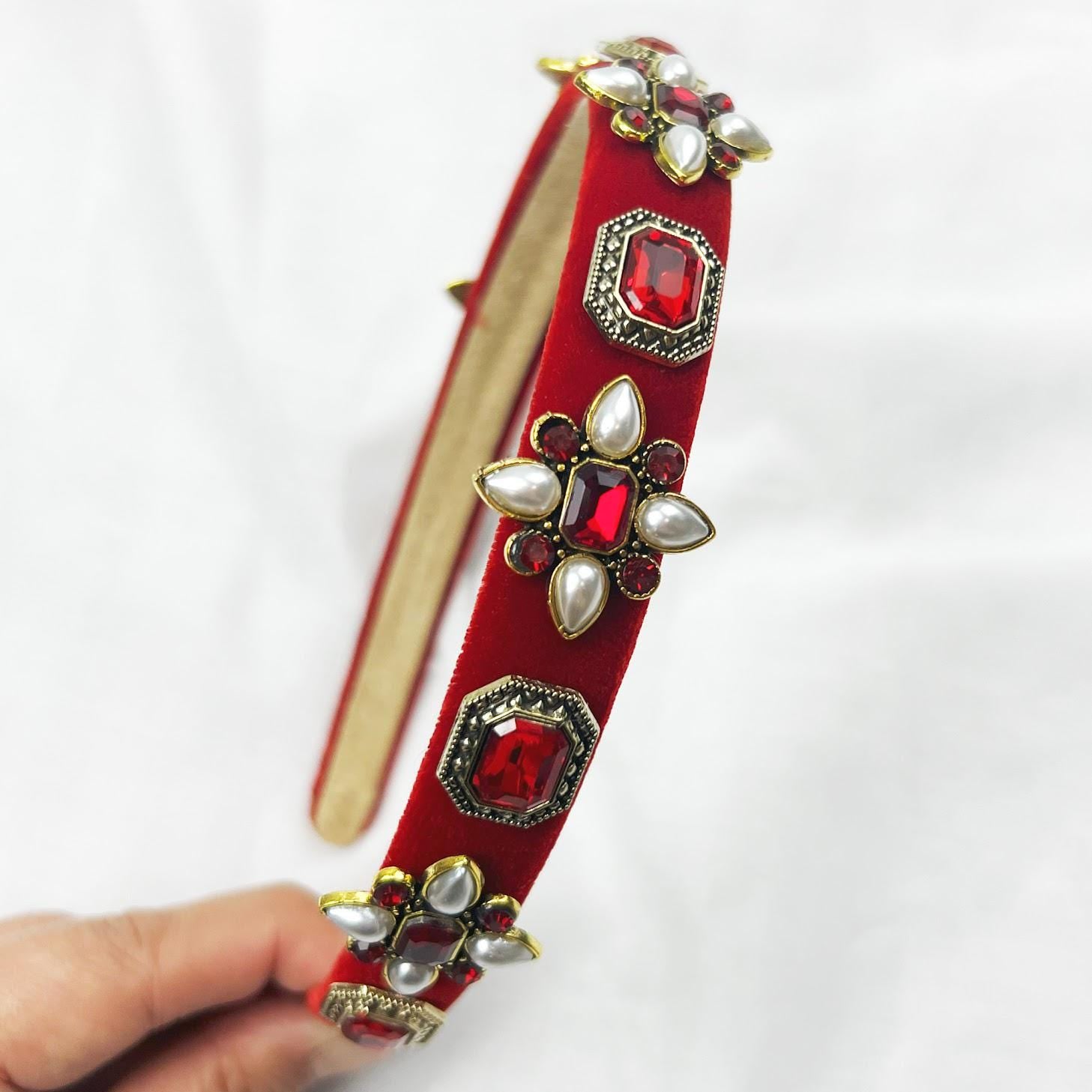 Velvet Headband with Gemstone, Rhinestone, and Pearl Embellishment