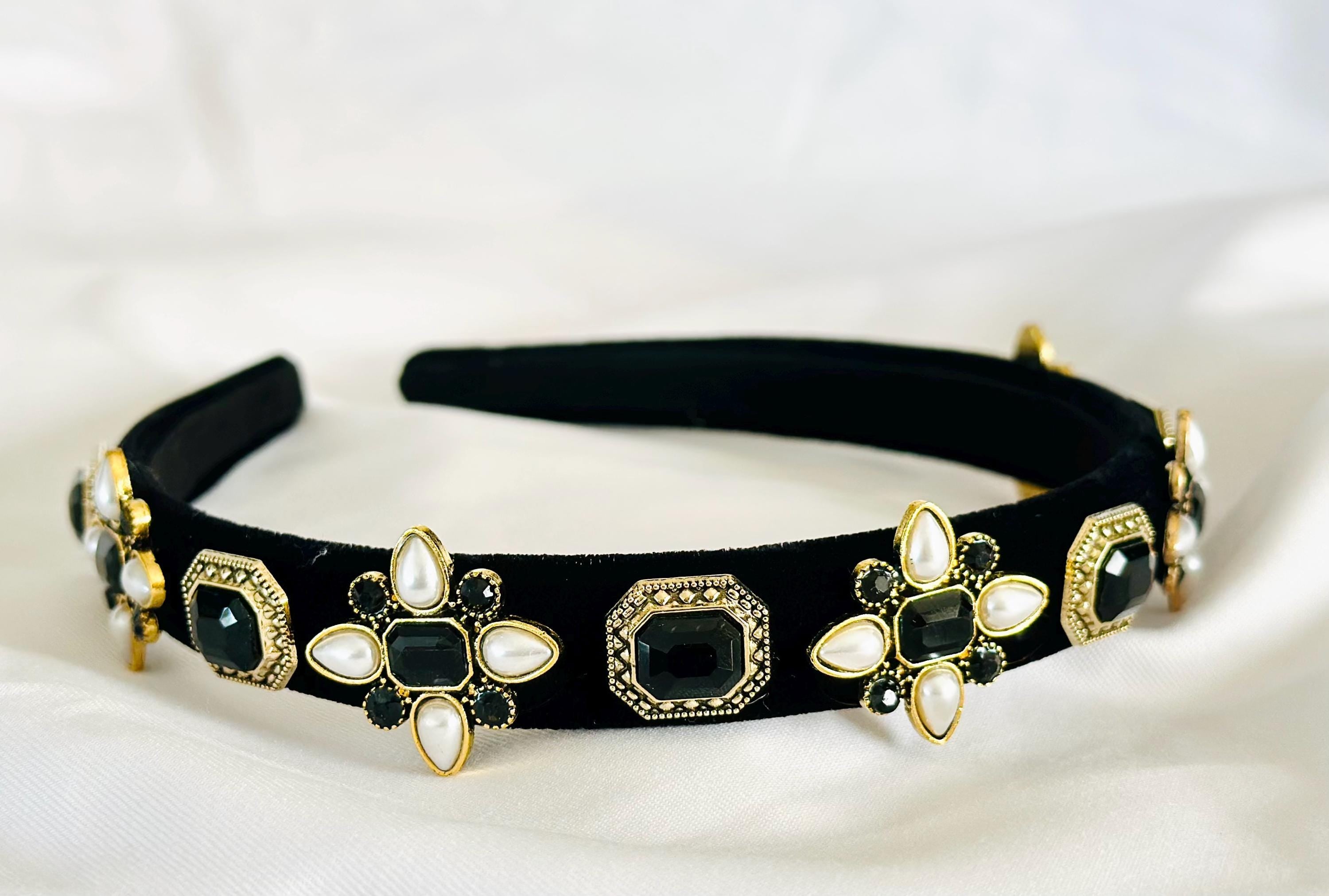 Velvet Headband with Gemstone, Rhinestone, and Pearl Embellishment