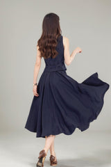 Navy Blue Linen Suit: Sleeveless Vest and Swing Skirt Set