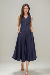 Navy Blue Linen Suit: Sleeveless Vest and Swing Skirt Set