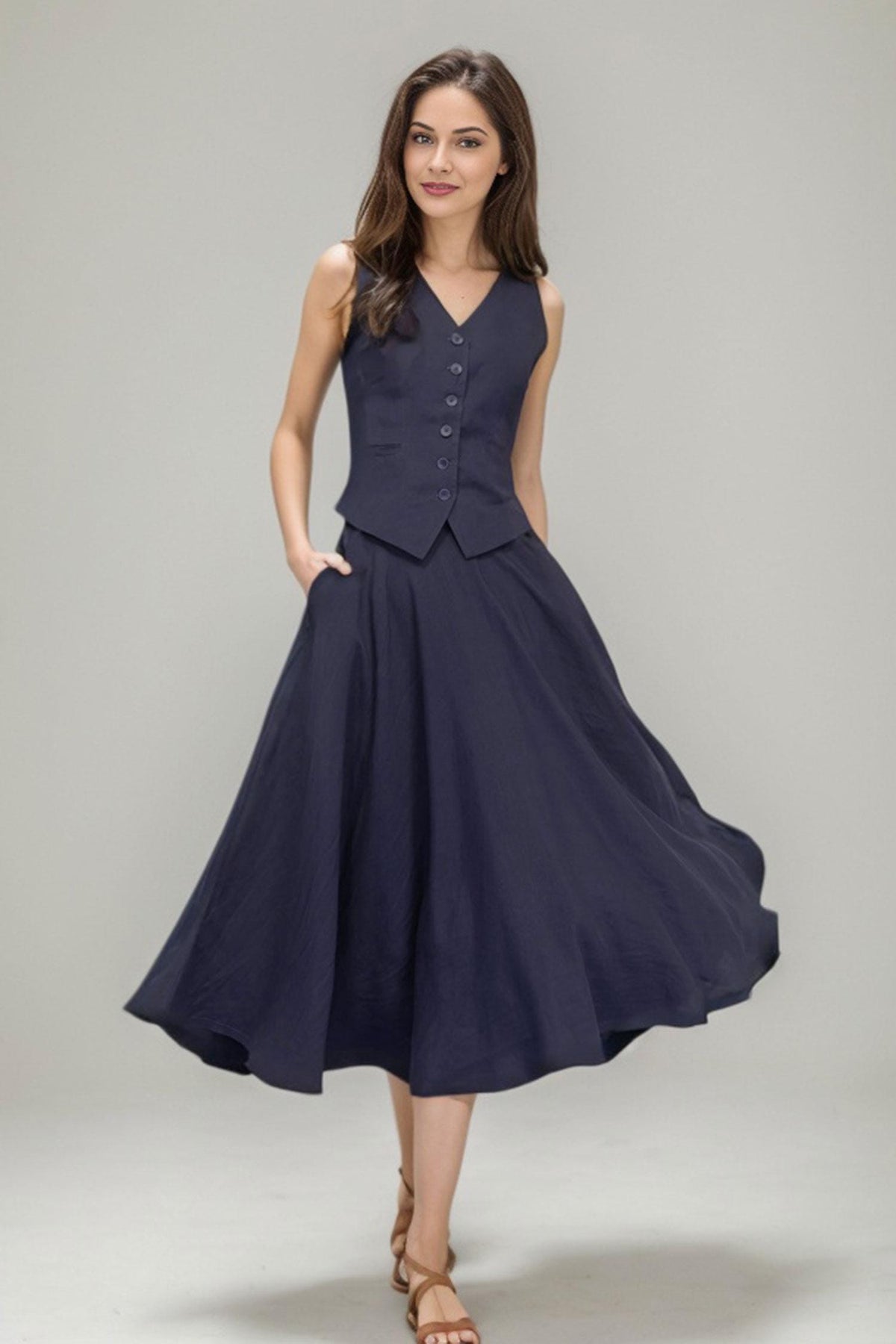 Navy Blue Linen Suit: Sleeveless Vest and Swing Skirt Set