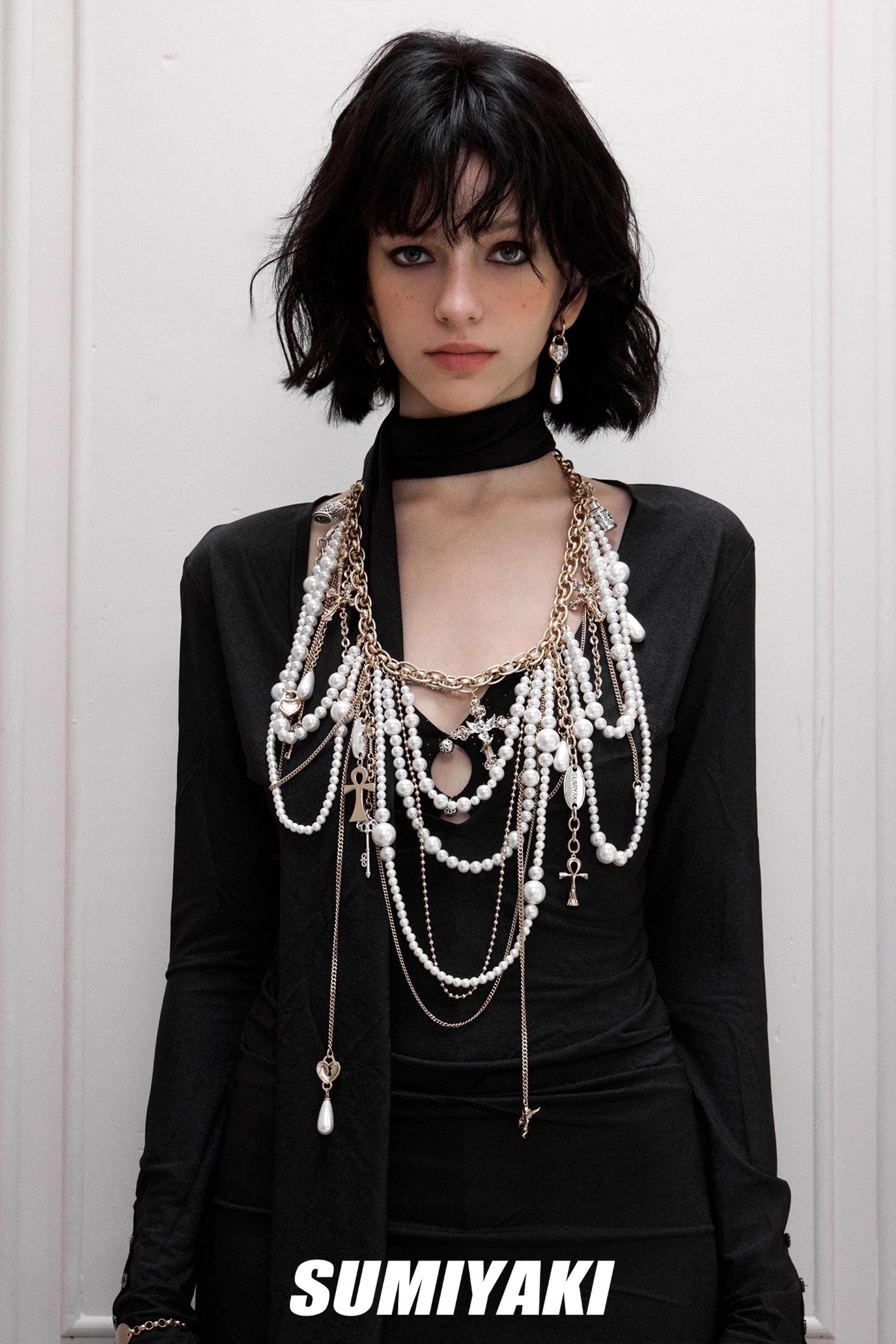 Pearl Body Chain Belt with Gothic Cross Charm