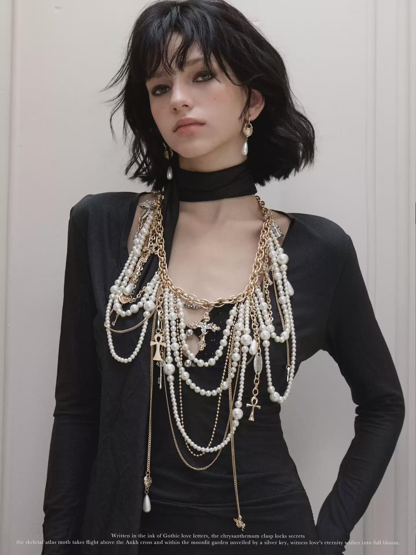 Pearl Body Chain Belt with Gothic Cross Charm