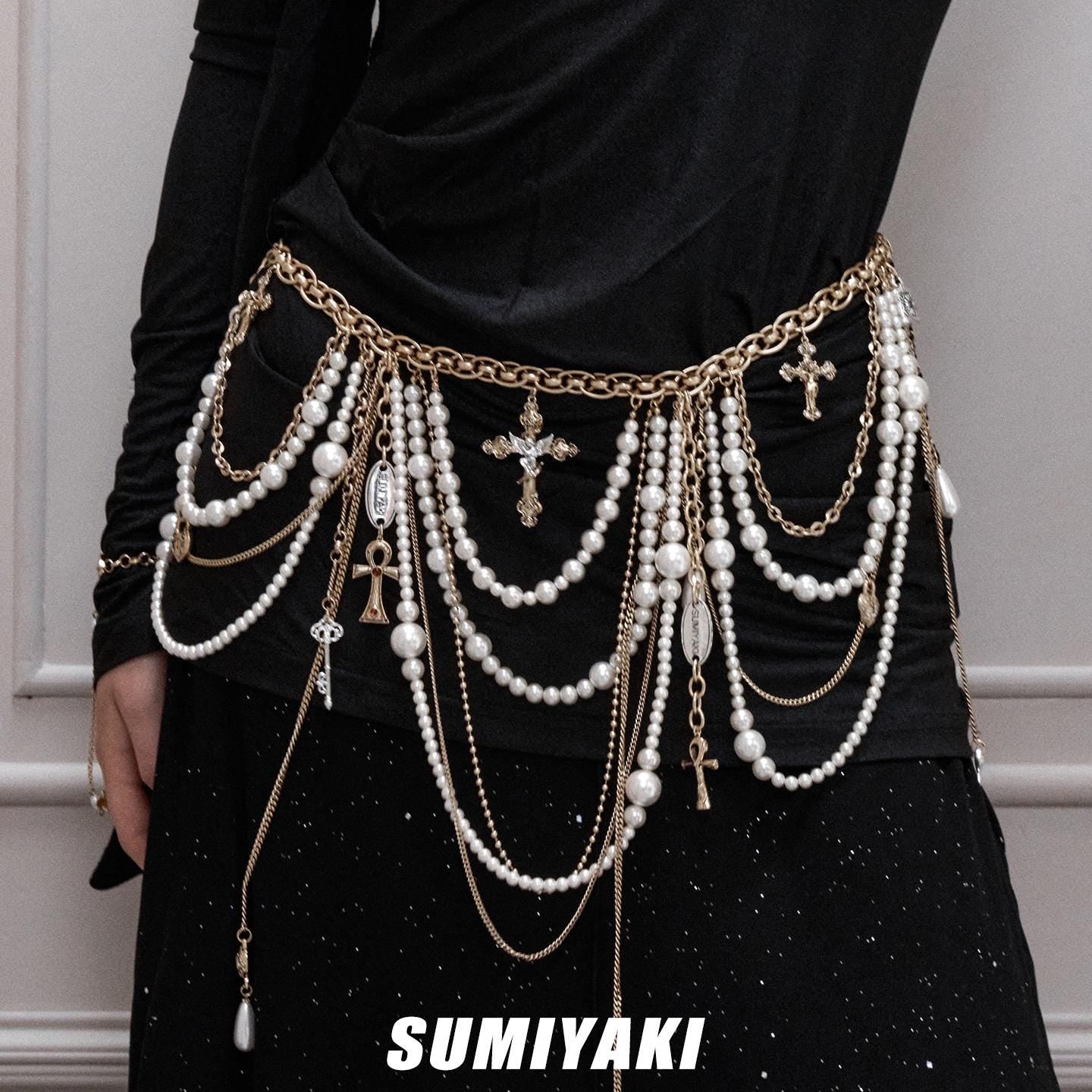 Pearl Body Chain Belt with Gothic Cross Charm