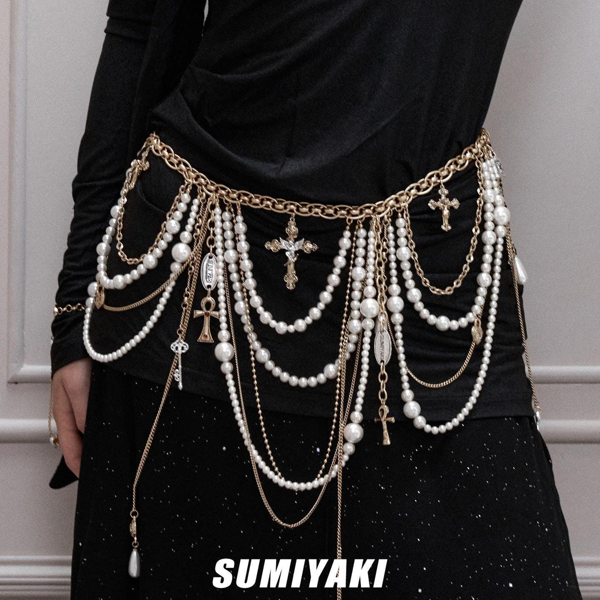 Pearl Body Chain Belt with Gothic Cross Charm