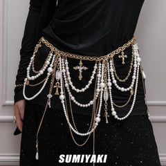 Pearl Body Chain Belt with Gothic Cross Charm