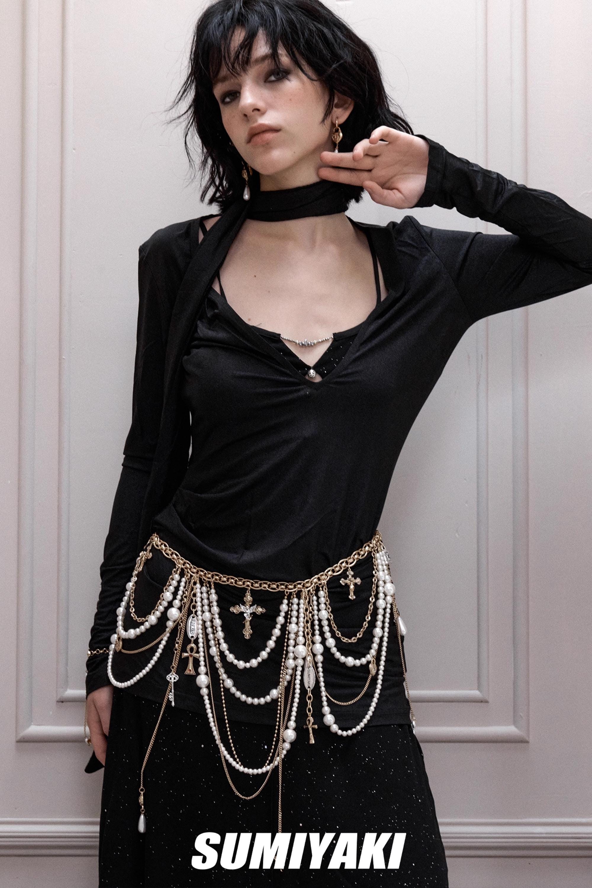 Pearl Body Chain Belt with Gothic Cross Charm