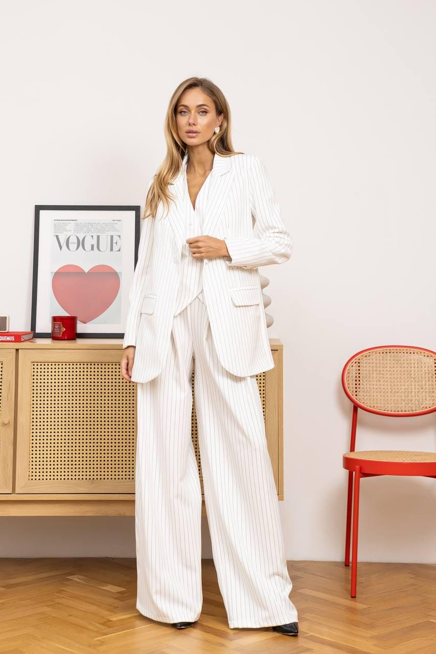 White Pinstripe Pantsuit for Women — Three-Piece Suit with Vest and Wide-Leg Trousers