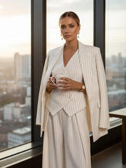 White Pinstripe Pantsuit for Women — Three-Piece Suit with Vest and Wide-Leg Trousers