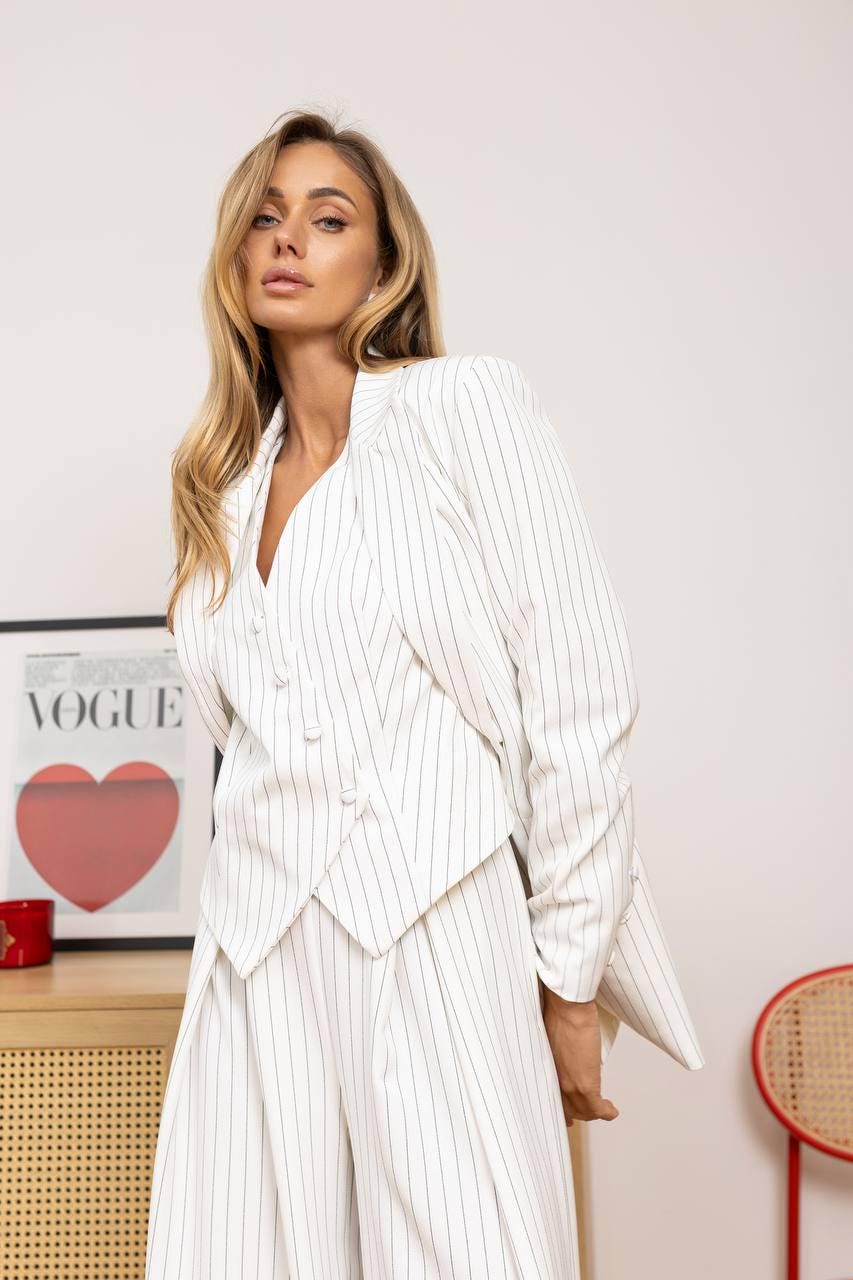 White Pinstripe Pantsuit for Women — Three-Piece Suit with Vest and Wide-Leg Trousers