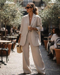Linen Suit Set - Beige Blazer & Wide Leg Pants