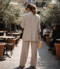 Linen Suit Set - Beige Blazer & Wide Leg Pants