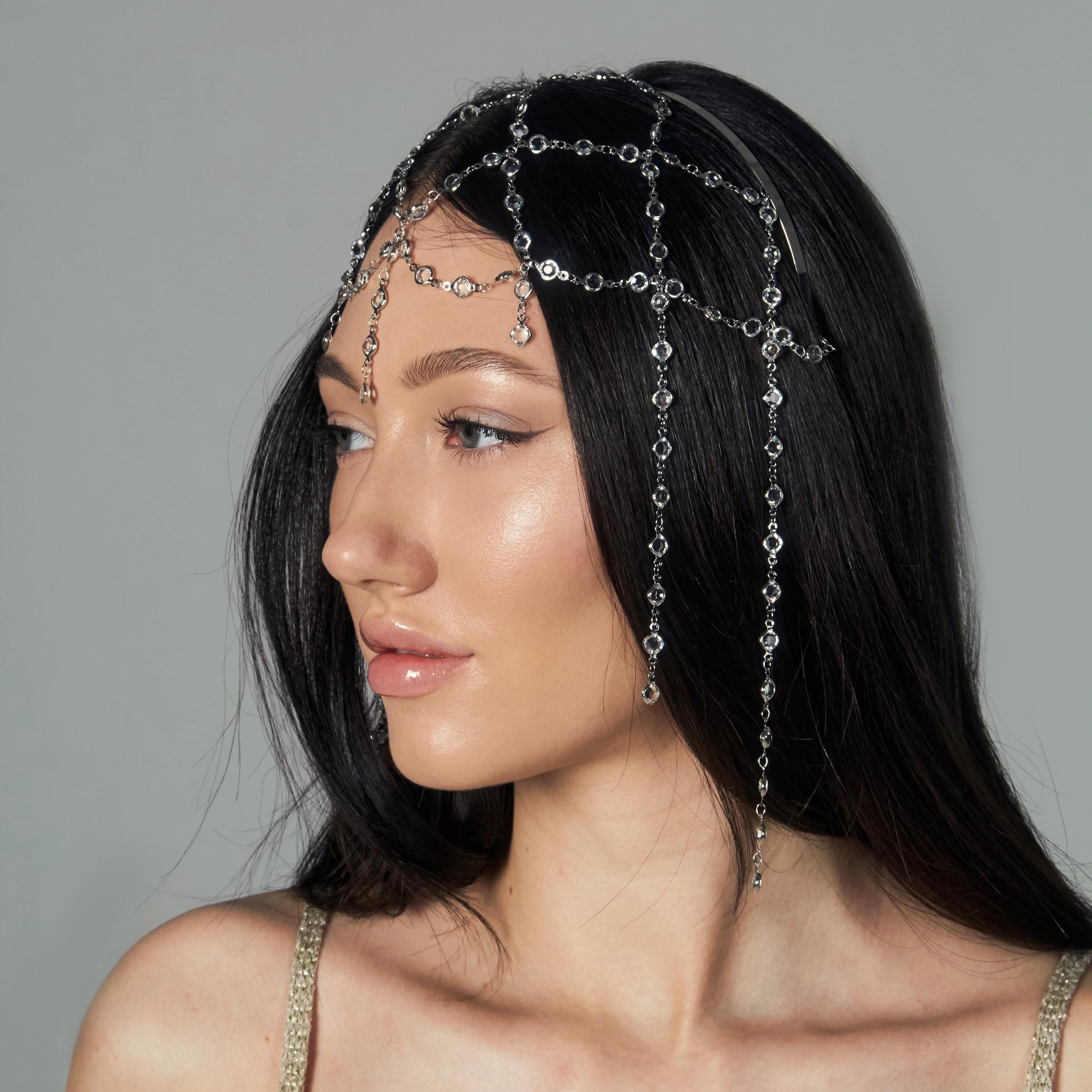 Hair Chain Headpiece with Crystals, Forehead & Temple Draped Jewelry, Festival, Bridal, Party Hair Accessory