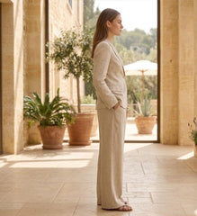 Beige Linen Suit for Women – Blazer & Wide Leg Pants Set