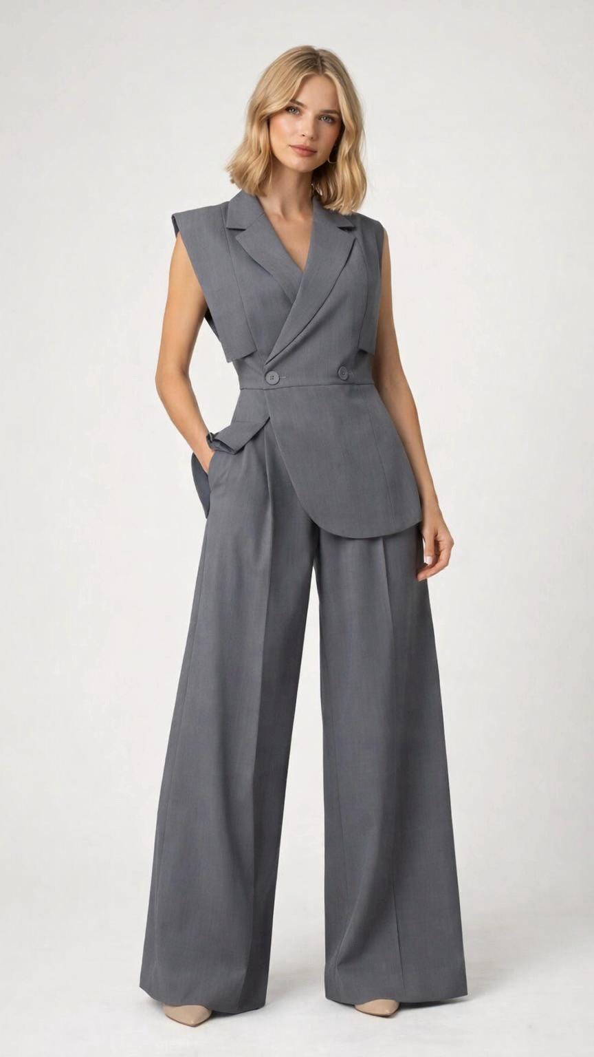 Sleeveless Pantsuit with Tailored Vest and Wide Leg Trousers